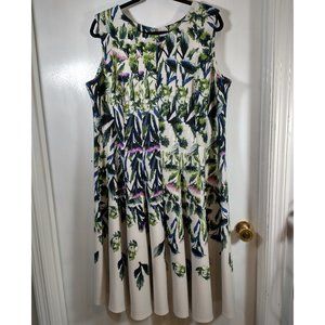 Gabby Skye fit and flare dress, white with purple and green thistle design, 18W
